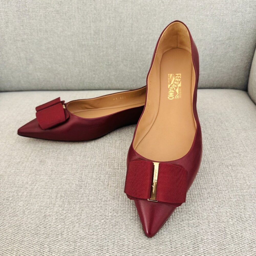 NWT Ferragamo MIMI 1cm Leather Grosgrain Bow Pointed Toe Bow Ballet Flat Shoe